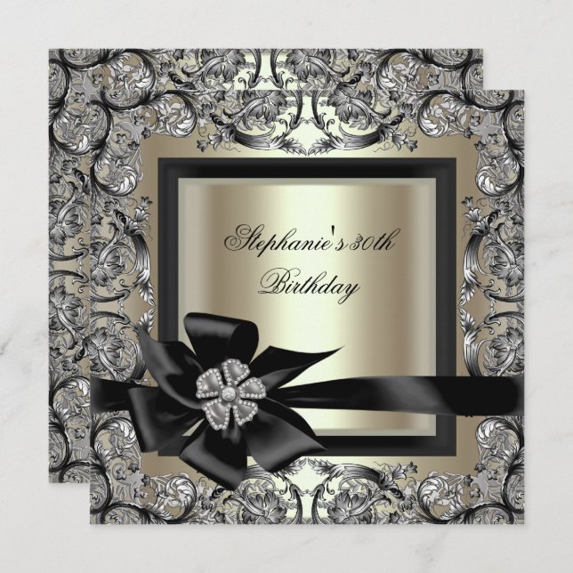 Invitation Crème d'anniversaire Mint or Argent Bow Noir 2 (Devant / Derrière)