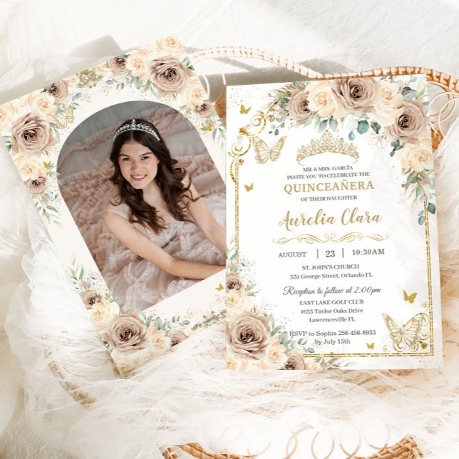 Invitation Crème de champagne Floral Sweet 16 Quinceañera Pho (Créateur téléchargé)