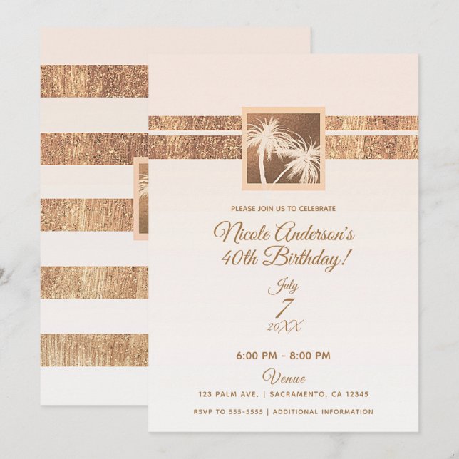 Invitation Crème de cuivre Palmiers tropicaux Anniversaire mo (Devant / Derrière)
