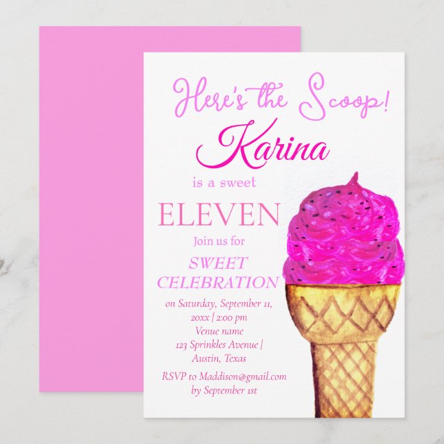 Invitation Crème de glace 11e anniversaire fille rose aquarel (Devant / Derrière)