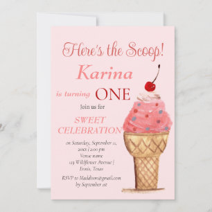 Invitation Crème de glace 1er anniversaire fille rose aquarel