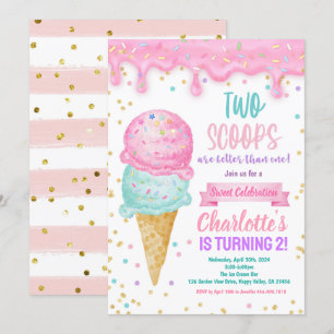 Invitation Crème de glace 2e fête d'anniversaire 2 Scoops Mei