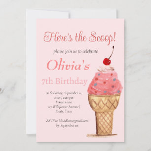 Invitation Crème de glace 7e anniversaire fille rose aquarell