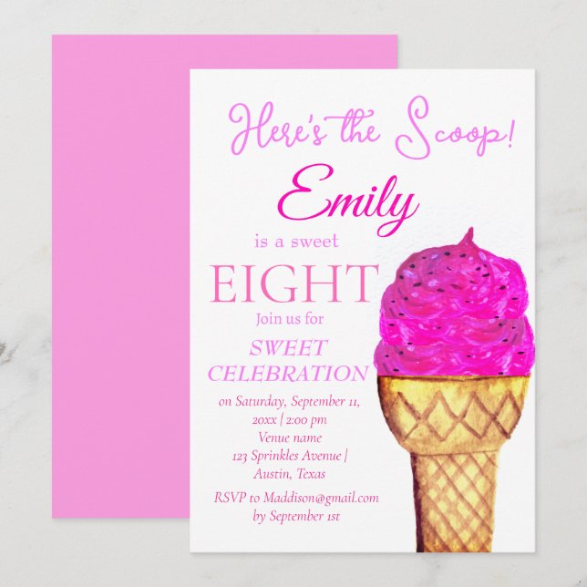 Invitation Crème de glace 8e anniversaire fille rose aquarell (Devant / Derrière)