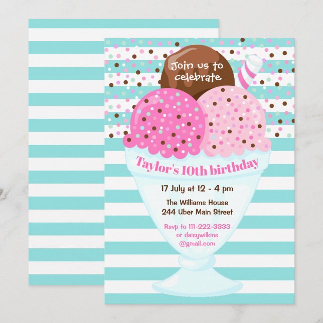 Invitation Crème de glace Anniversaire fête rose et turquoise (Devant / Derrière)