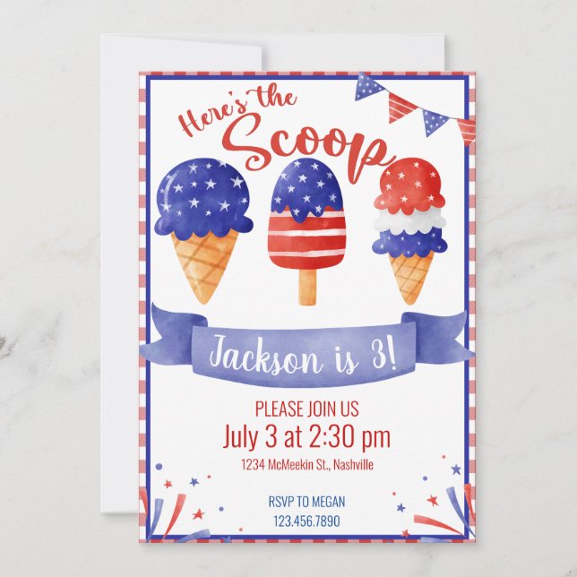 Invitation Crème de glace Anniversaire Juillet 4 Patriotique  (Devant)