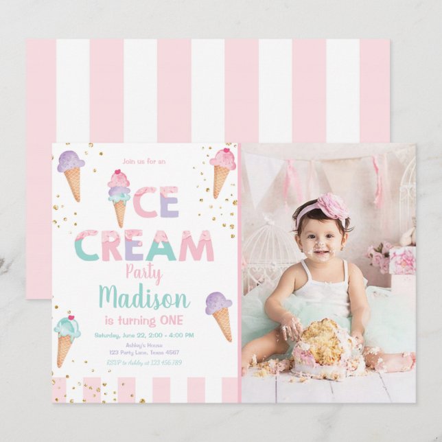 Invitation Crème de glace Cone Confetti Crème de Monnaie rose (Devant / Derrière)