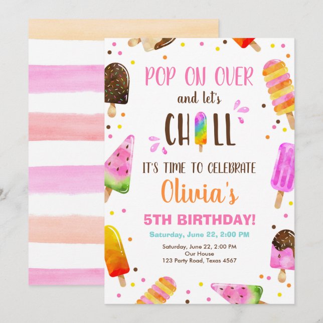 Invitation Crème de glace de Popsicle fête de la piscine d'ét (Devant / Derrière)