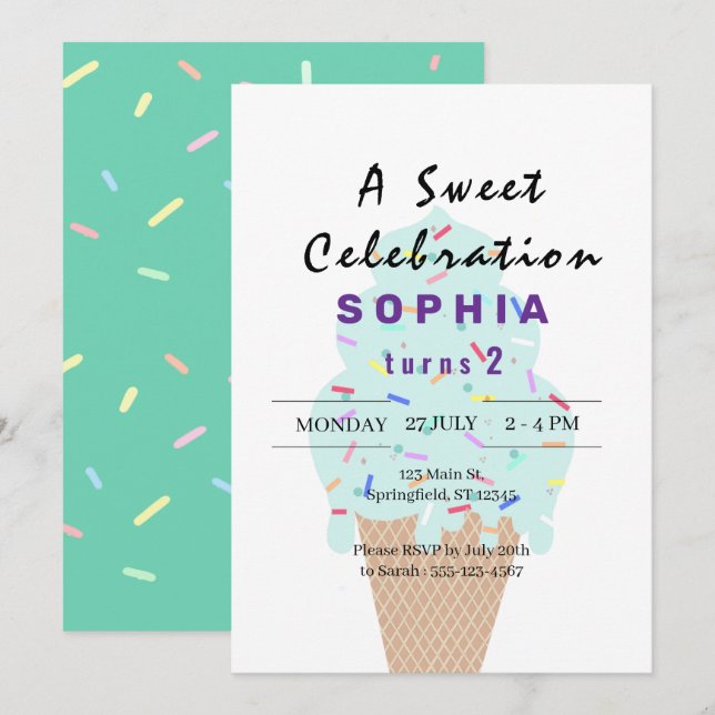 Invitation Crème de glace douce Anniversaire (Devant / Derrière)
