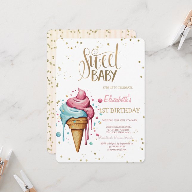 Invitation Crème de glace goutte de diamants Bande Anniversai (Devant/Arrière en situation)