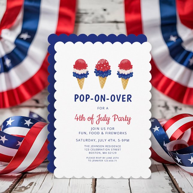 Invitation Crème De Glace Mignonne Rouge, Blanc Et Bleu 4 jui (Cute Ice Cream Red, White And Blue 4th of July Invitation)