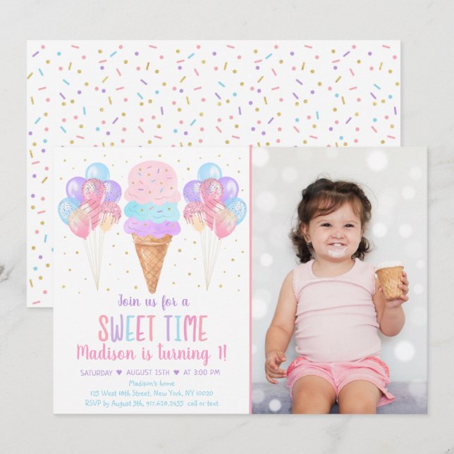 Invitation Crème de glace Pastel Arc-en-ciel Anniversaire (Devant / Derrière)