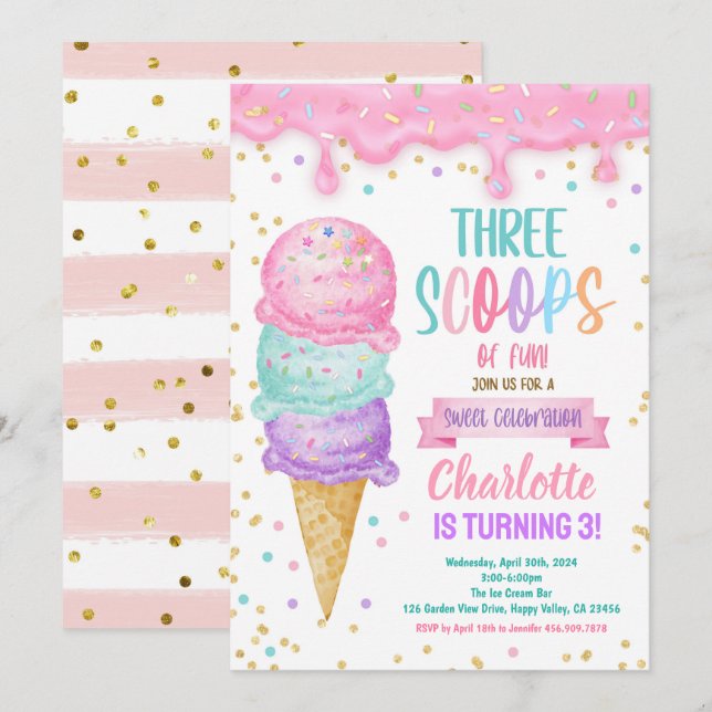 Invitation Crème de glace Trois Scoops de Fun 3ème anniversai (Devant / Derrière)