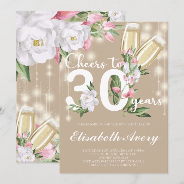 Invitation Crème de luxe Champagne Floral 30ème anniversaire (Devant / Derrière)