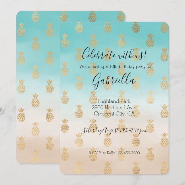 Invitation Crème de Pêche Aqua Ombré Or Ananas (Devant / Derrière)