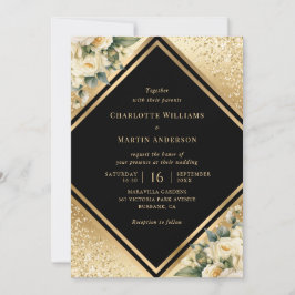 Invitation Crème d'ivoire d'or noir Confetti Mariage floral