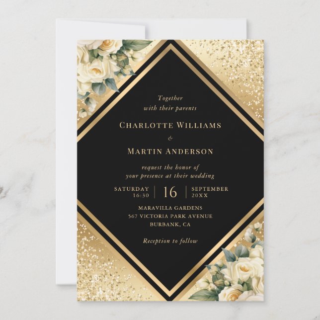 Invitation Crème d'ivoire d'or noir Confetti Mariage floral (Devant)