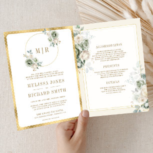 Invitation Crème d'ivoire Vert sauge Floral Tout en Un Mariag