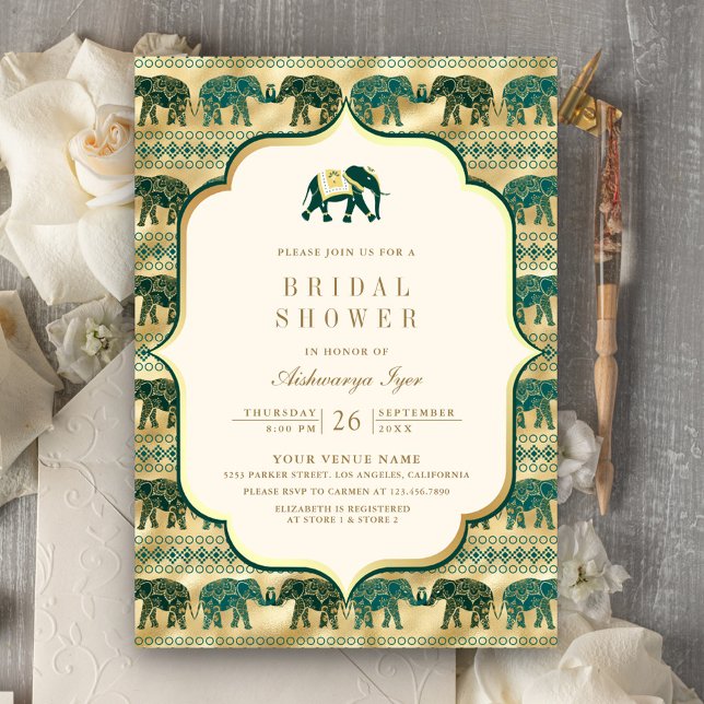 Invitation Crème Emerald Gold Elephant Fête des mariées indie (Créateur téléchargé)