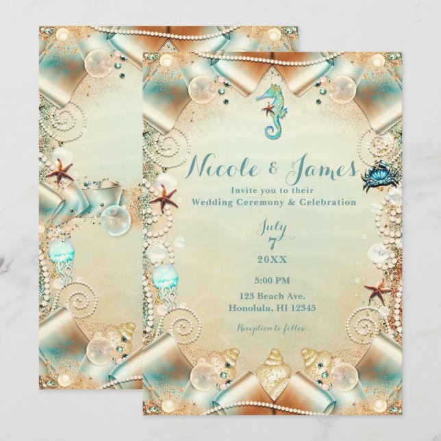 Invitation Crème enchantée sous perles de mer Mariage de ruba (Devant / Derrière)