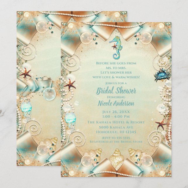 Invitation Crème enchantée sous perles de mer Ribbon Bridal (Devant / Derrière)