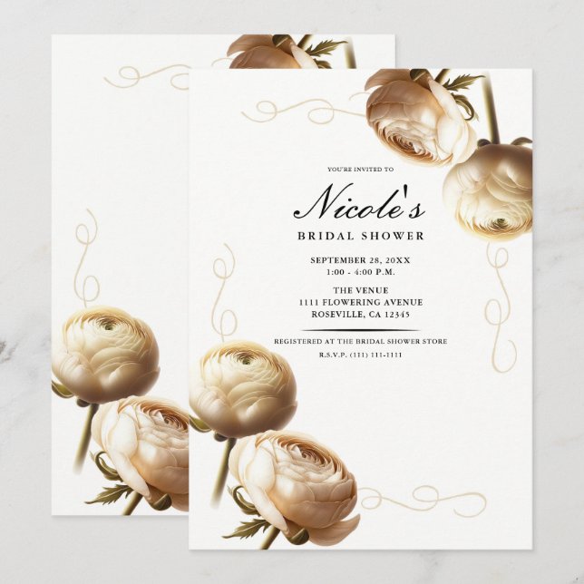 Invitation Crème et blanc Ranunculus Fête des mariées florale (Devant / Derrière)