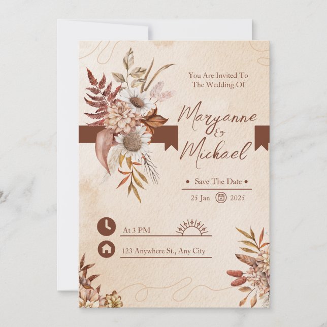 Invitation Crème et Brown aquarelle florale Enregistrer la da (Devant)