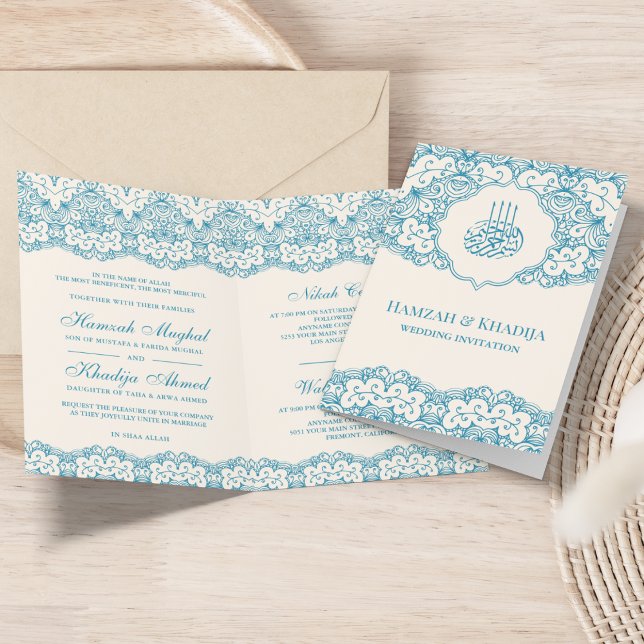 Invitation Crème et dentelle bleue Mariage musulman islamique (Créateur téléchargé)