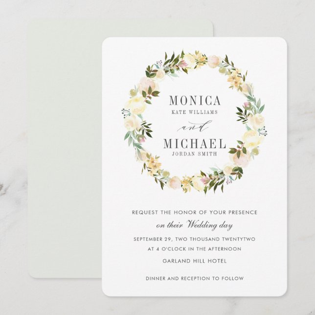 Invitation Crème et gris | Botanique Mariage floral (Devant / Derrière)