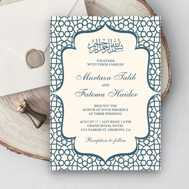 Invitation Crème et Motif perse bleu Mariage musulman (Créateur téléchargé)
