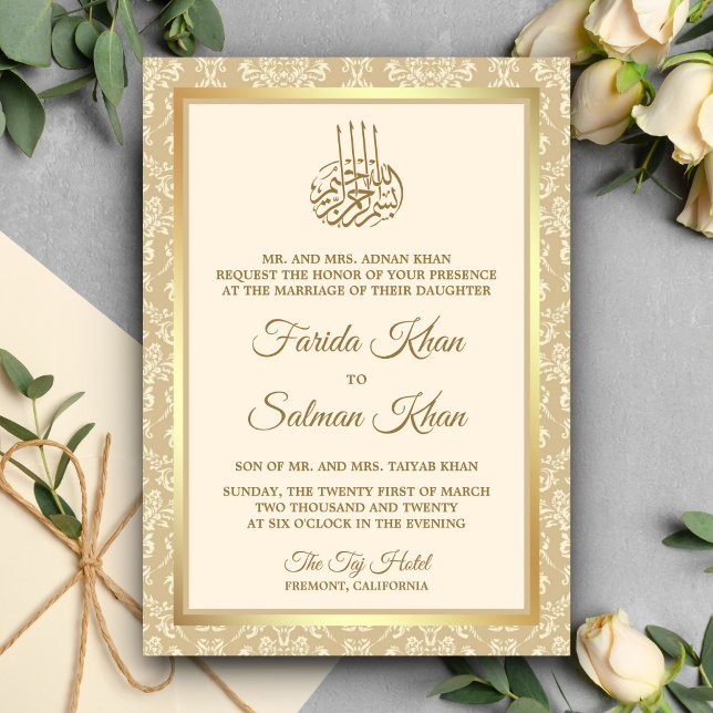 Invitation Crème et or Damask Mariage musulman islamique (Créateur téléchargé)
