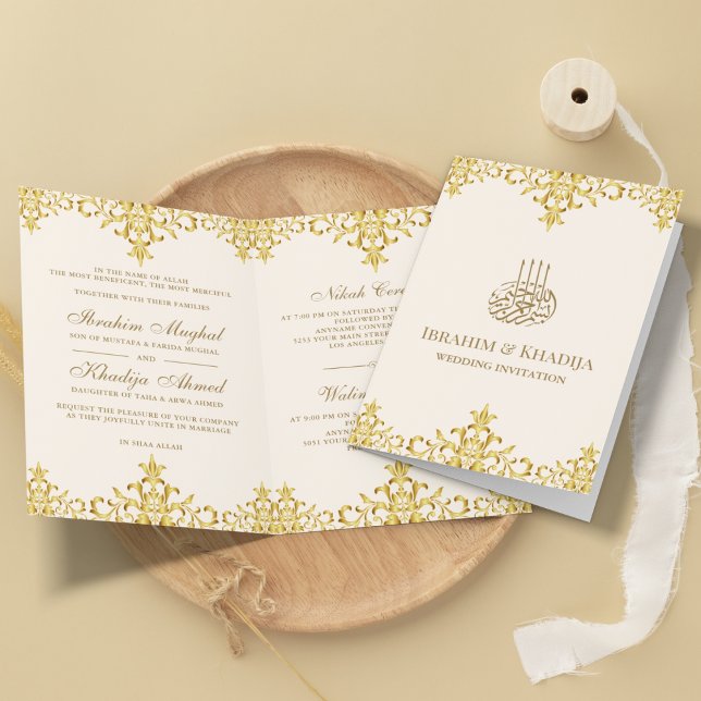 Invitation Crème et or Foil Damask Mariage islamique (Créateur téléchargé)