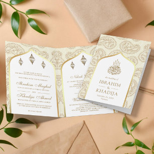 Invitation Crème et Or Paisley Code QR Mariage Musulman
