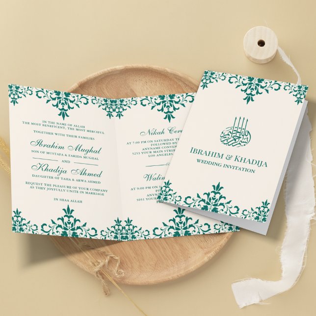 Invitation Crème et Turquoise Damas musulman Mariage musulman (Créateur téléchargé)