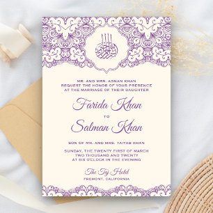 Invitation Crème et Violet Mariage Islamique Musulman en Dent