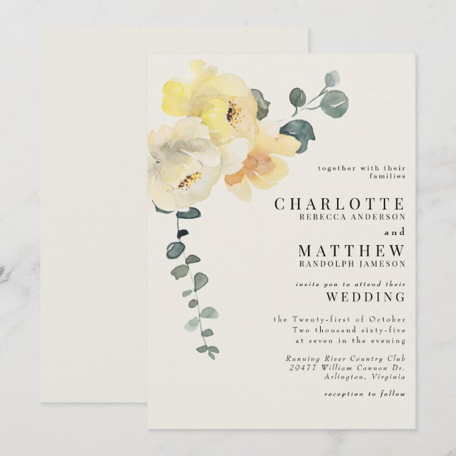 Invitation Crème Florale Jaune Mariage Élégant Aucun Parent (Devant / Derrière)