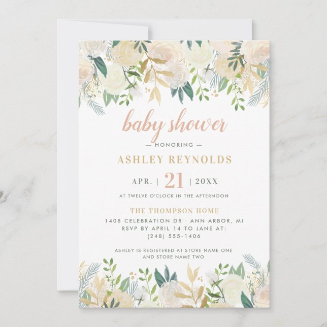 Invitation Crème floue Or Floral Verdure Baby shower fille (Devant)