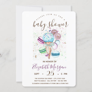 Invitation Crème glacée à l'aquarelle, Macarons, Fête de bébé