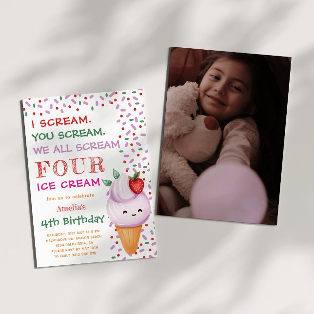 Invitation Crème glacée aux fraises Cone 4e photo Anniversair (Strawberry Ice Cream Cone 4th photo Birthday Party Invitation)