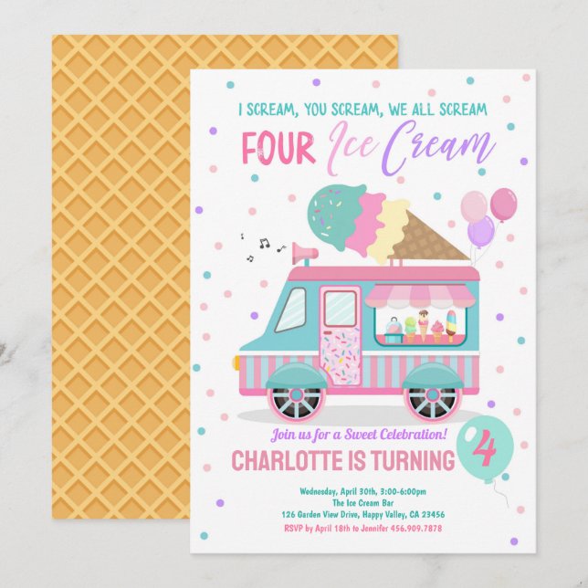 Invitation Crème glacée Camion hurler Quatre Crème glacée 4èm (Devant / Derrière)