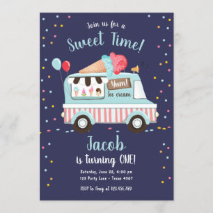 Invitation Crème glacée Camion Sweet Time Boy Rouge Bleu Anni