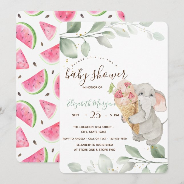 Invitation Crème glacée Cute Elephant Baby shower pastèque (Devant / Derrière)