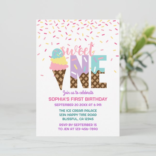 Invitation Crème glacée et arroses sucrées Un 1er anniversair (Debout devant)
