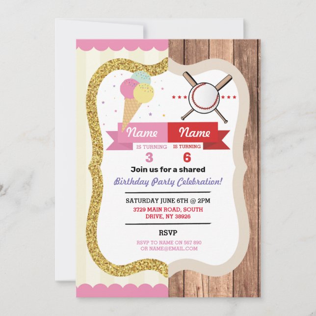 Invitation Crème glacée et baseball Joint Boy Girl Anniversai (Devant)