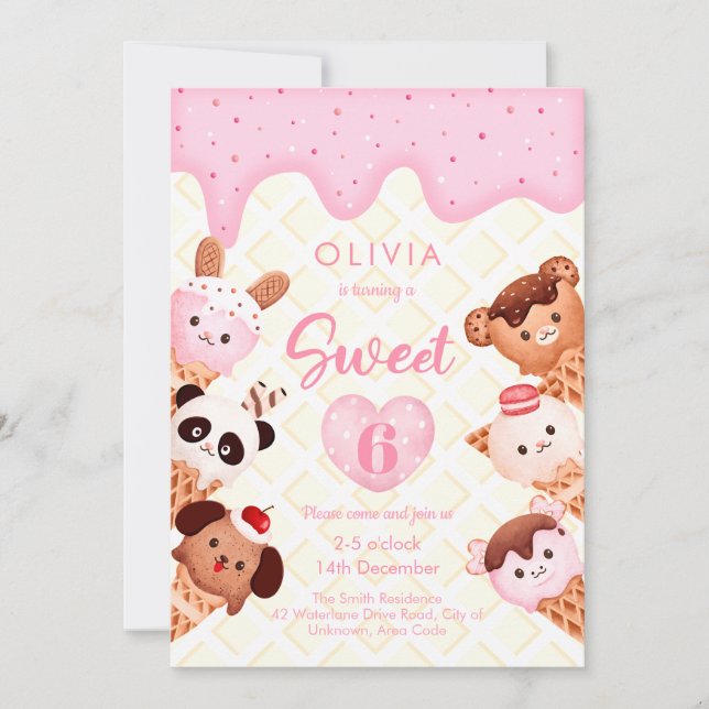 Invitation Crème glacée et sucreries Fille rose Anniversaire (Devant)