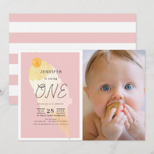 Invitation Crème glacée Fille à rayures roses 1er anniversair