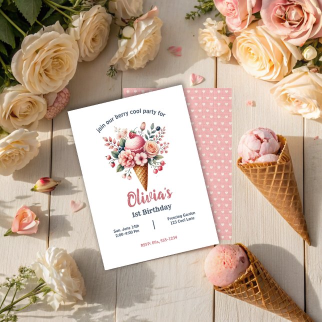 Invitation Crème glacée Floral Berry Cool Fille fête d'annive (Créateur téléchargé)