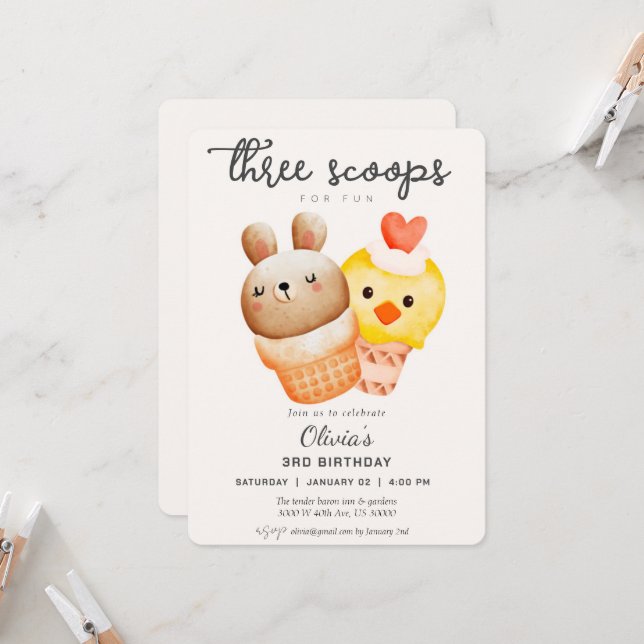 Invitation Crème glacée mignonne troisième anniversaire (Devant/Arrière en situation)