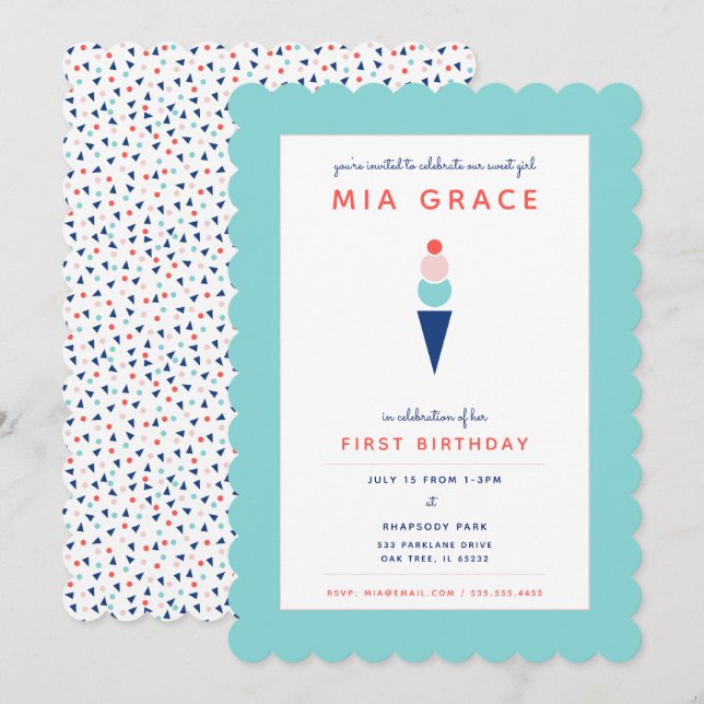 Invitation Crème Glacée Moderne et Fantaisiste en Bleu Aqua (Devant / Derrière)