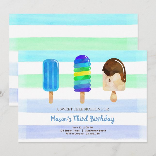Invitation Crème glacée Popsicle Anniversaire Soirée de pisci (Devant / Derrière)